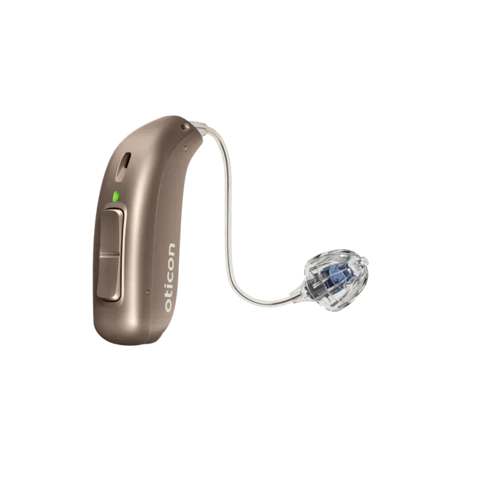Hearing aid device with 'oticon' branding on a white background