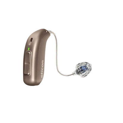 Hearing aid device with 'oticon' branding on a white background