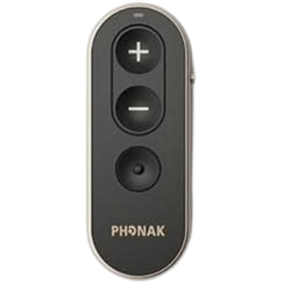 Black remote control with PHONAK branding on a white background