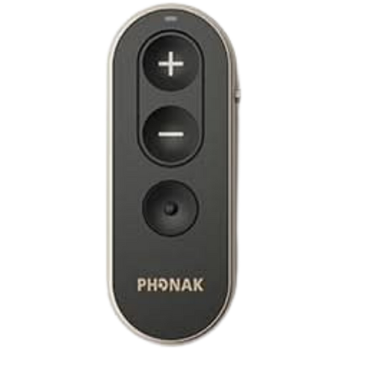 Black remote control with PHONAK branding on a white background