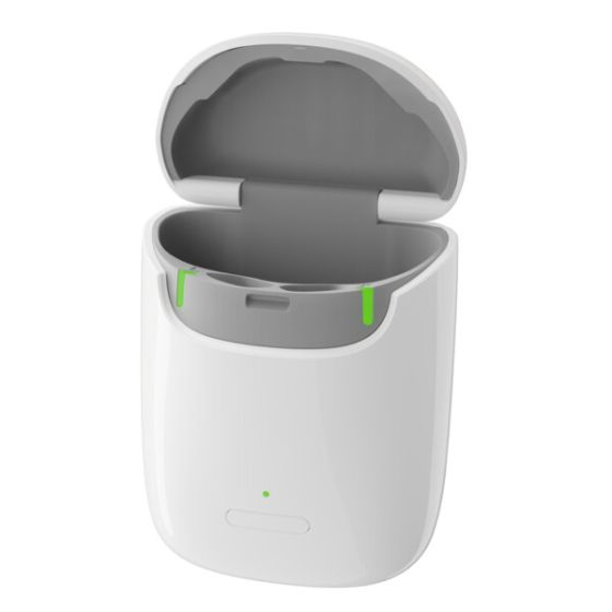 White and gray electronic device with open lid on a white background