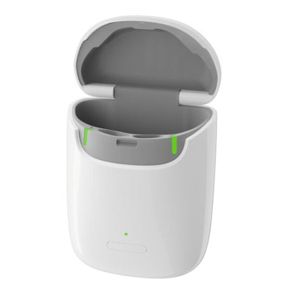 White and gray electronic device with open lid on a white background
