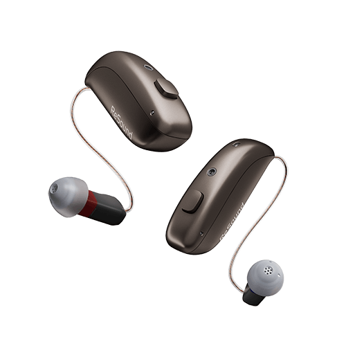 Pair of ReSound hearing aids on a transparent background
