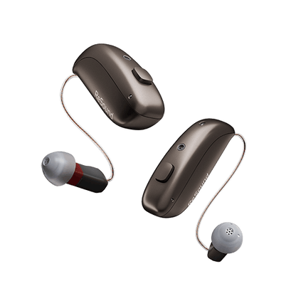 Pair of ReSound hearing aids on a transparent background