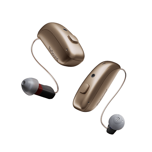 Pair of ReSound hearing aids on a clear background
