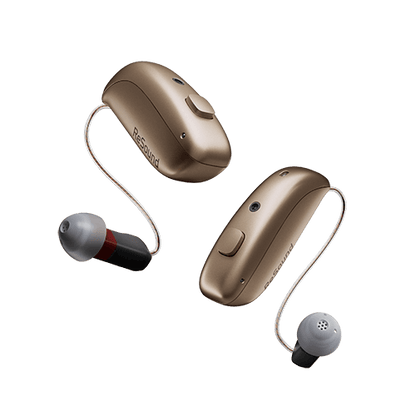 Pair of ReSound hearing aids on a clear background