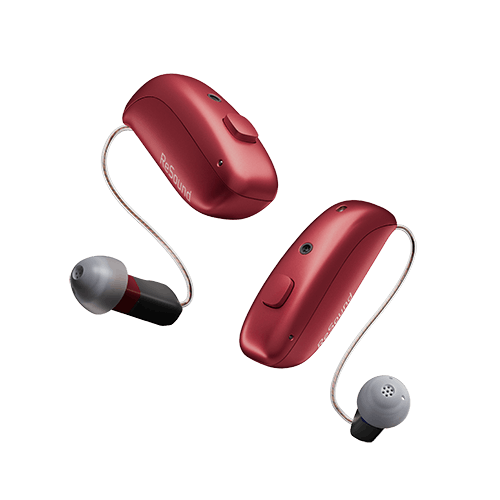 Red ReSound hearing aids on a transparent background