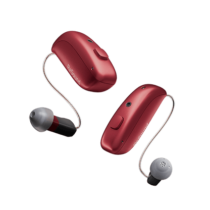 Red ReSound hearing aids on a transparent background