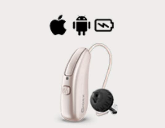 Rose gold hearing aid with Apple, Android, and battery icons on a light gray background