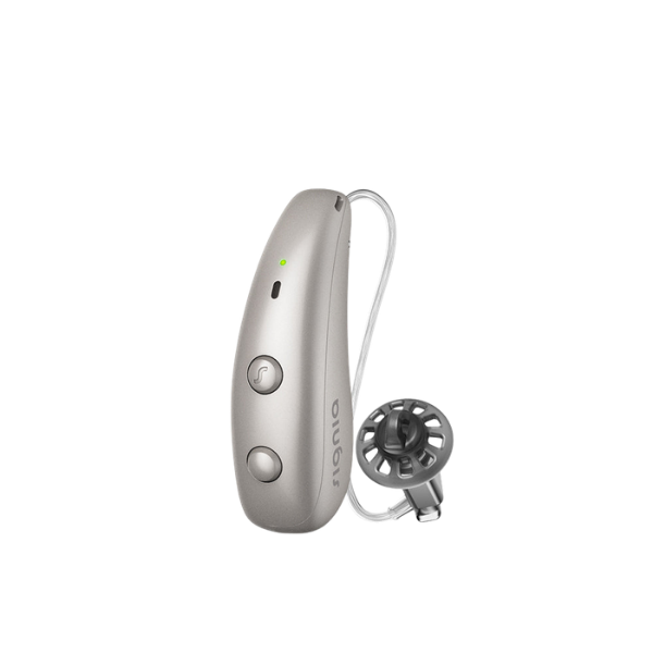 Signia Pure Charge&Go MaX hearing aid in Dark Champagne, shown with its receiver wire and vented dome.