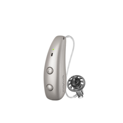 Signia Pure Charge&Go MaX hearing aid in Dark Champagne, shown with its receiver wire and vented dome.