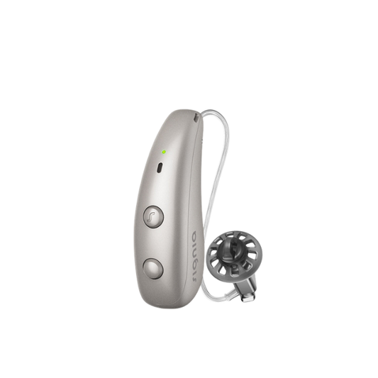 Signia Pure Charge&Go MaX hearing aid in Dark Champagne, shown with its receiver wire and vented dome.