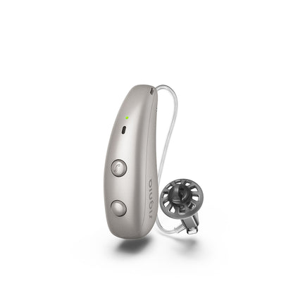 A single Signia Pure Charge&Go Max hearing aid in silver grey sitting against a white background.