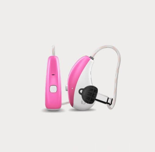 Pair of Widex hearing aids in shocking pink