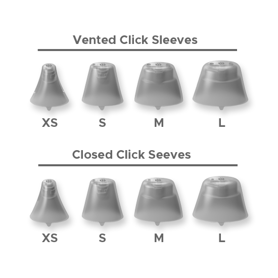 Set of gray vented and closed click sleeves with size labels on a white background