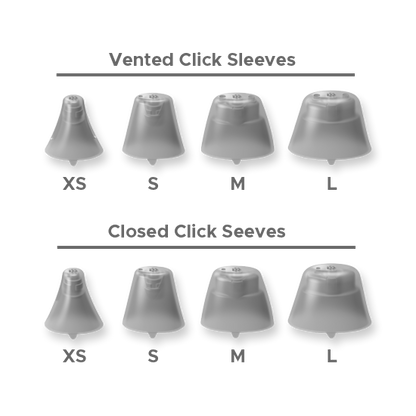 Set of gray vented and closed click sleeves with size labels on a white background