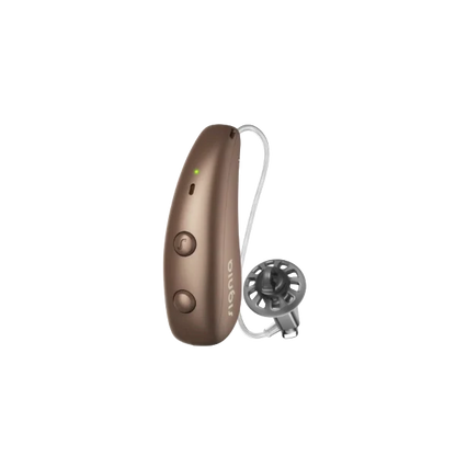 Signia Pure Charge&Go MaX hearing aid in Chestnut Brown.