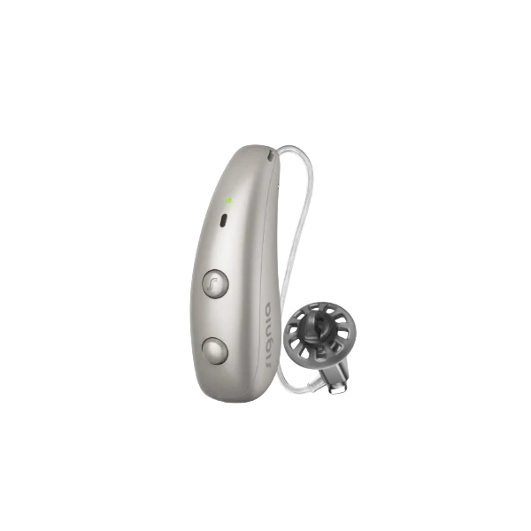 Signia Pure Charge&Go MaX hearing aid in Dark Champagne.
