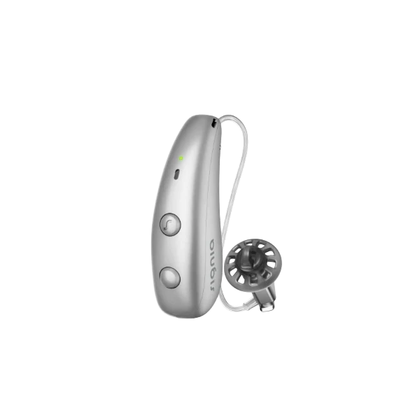 Signia Pure Charge&Go MaX hearing aid in Silver Grey.