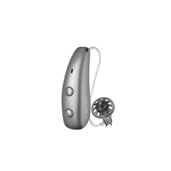 Signia Pure Charge&Go MaX hearing aid in Titanium Grey.