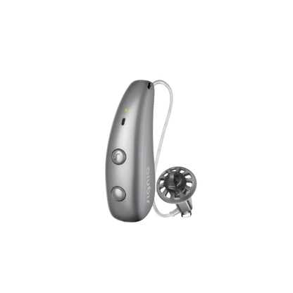 Signia Pure Charge&Go MaX hearing aid in Titanium Grey.