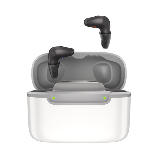 Wireless earbuds with charging case on a white background