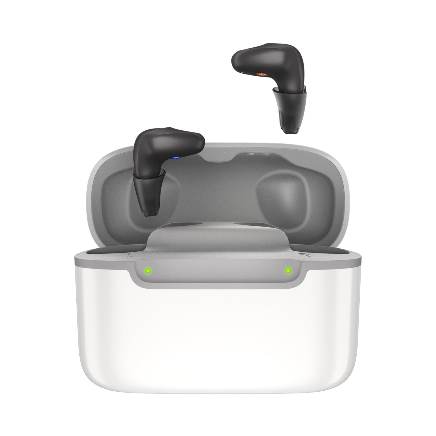 Wireless earbuds with charging case on a white background