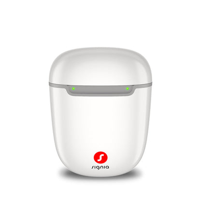 Signia Portable Charger Pure 2.0 for the Pure Charge&Go MaX, shown closed with its light on.