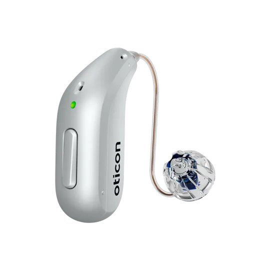 Oticon hearing aid in silver