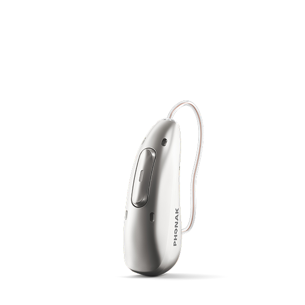 Oticon hearing aid in silver grey