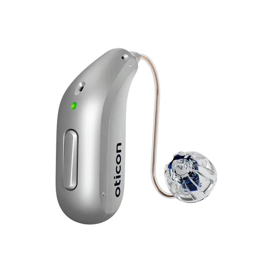 Oticon hearing aid in silver grey