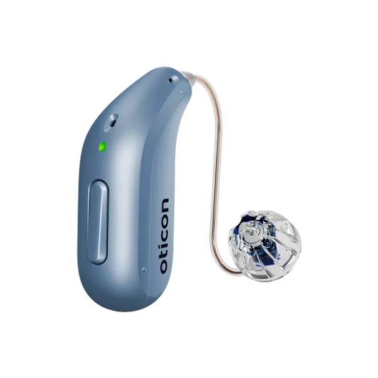 Oticon hearing aid in sky blue