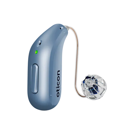 Oticon hearing aid in sky blue