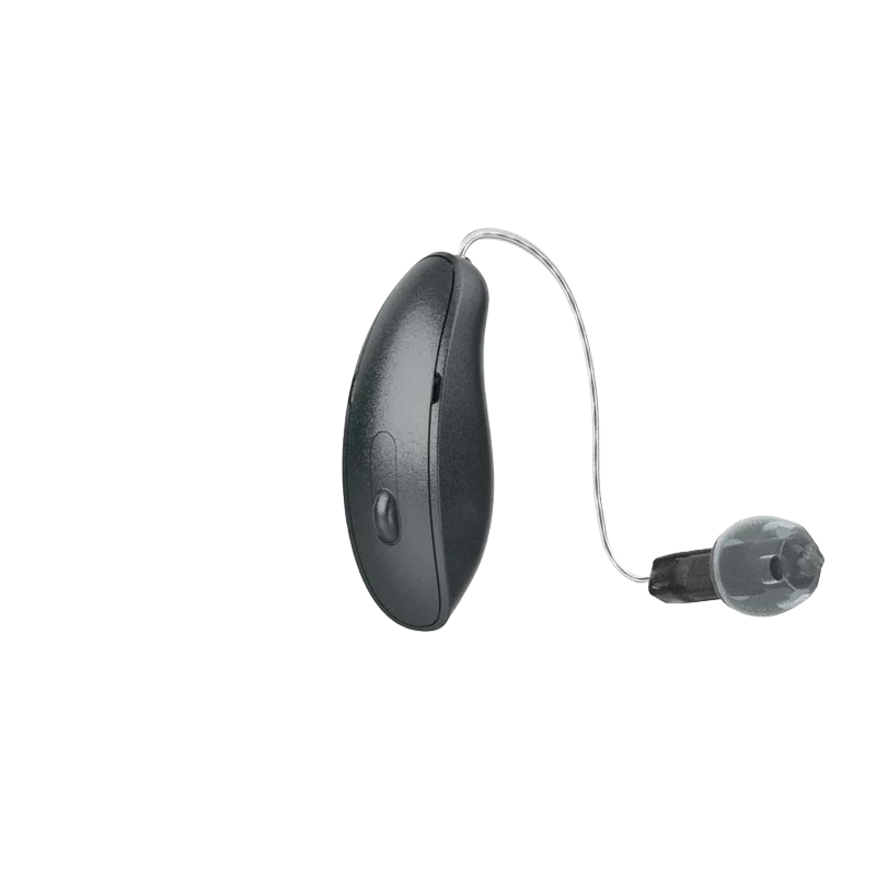 Starkey Genesis AI RIC hearing aid in graphite gray