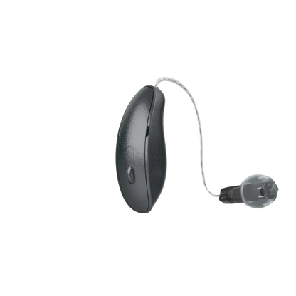 Starkey Genesis AI RIC hearing aid in graphite gray