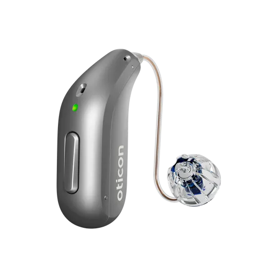 Oticon hearing aid in silver grey 