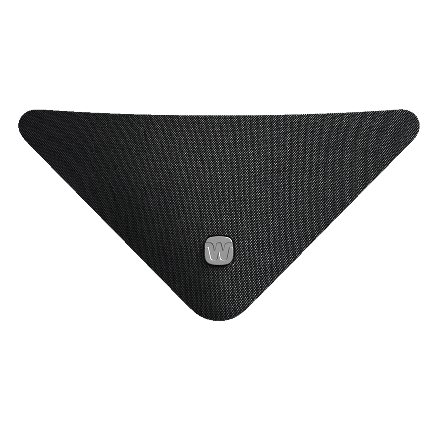 Black triangular object with a logo on a white background