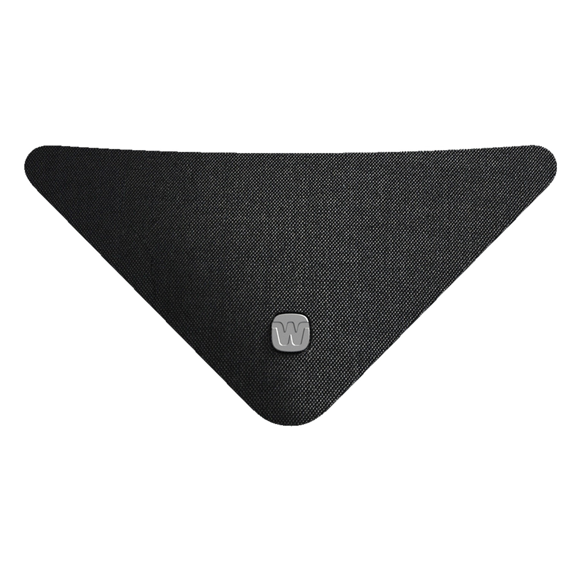 Black triangular object with a logo on a white background