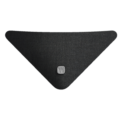 Black triangular object with a logo on a white background