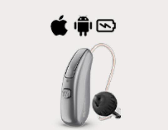 Titan grey hearing aid with icons for Apple, Android, and battery on a light gray background