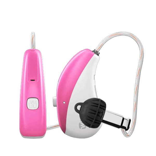 Widex Moment Sheer hearing aids  in shocking pink 