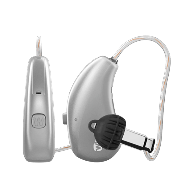 Widex Moment Sheer hearing aids  in silver grey 