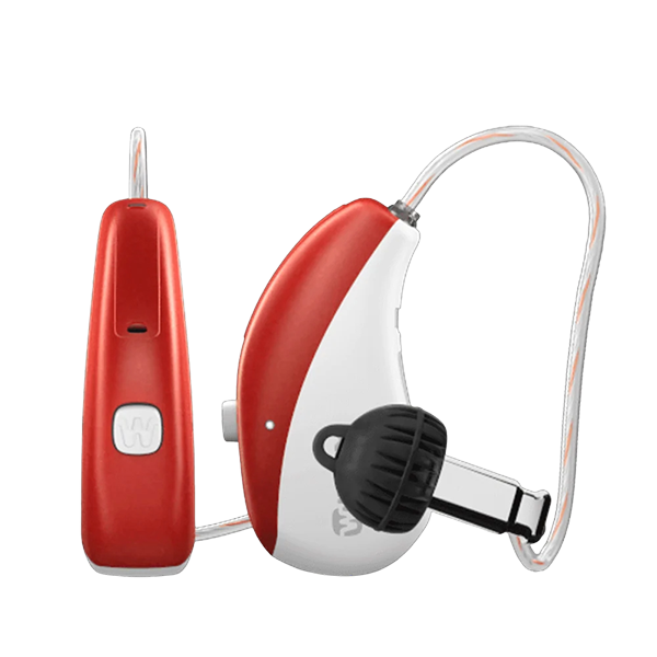 Widex Moment Sheer hearing aids  in sporty red