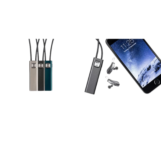 Four Widex comdex in different colors with paid of hearing aids and a cellphone