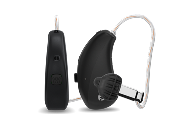Black hearing aid device on a white background