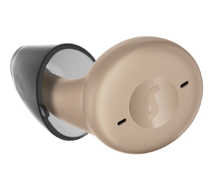 Beige wireless earbuds on a white background