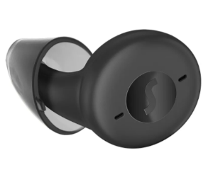 Black wireless earbuds on a white background