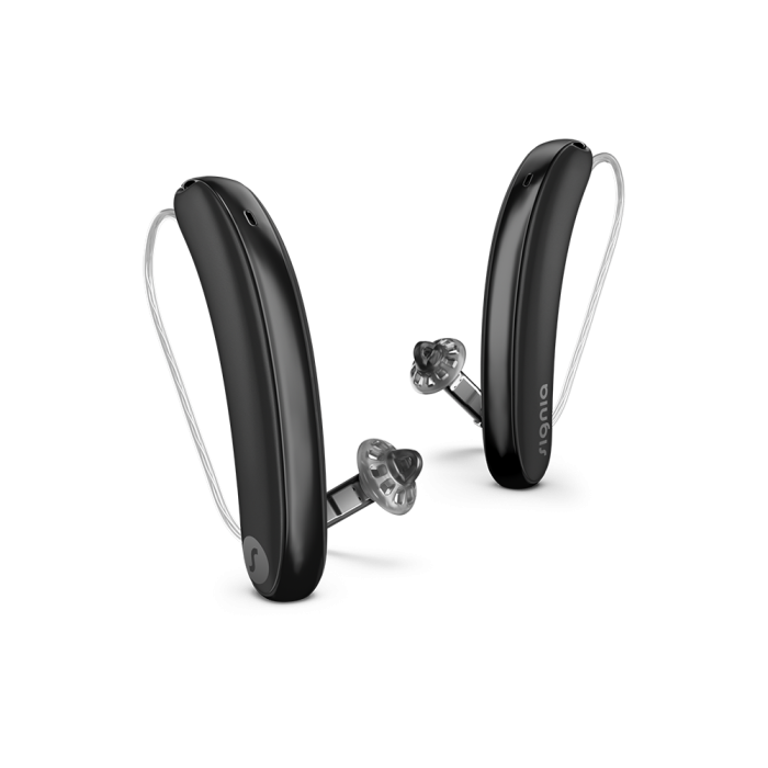 Black hearing aid device on a white background