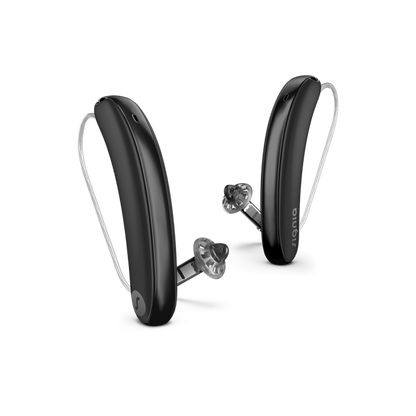 Black hearing aid device on a white background