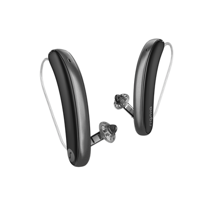 Black wireless earbuds on a white background